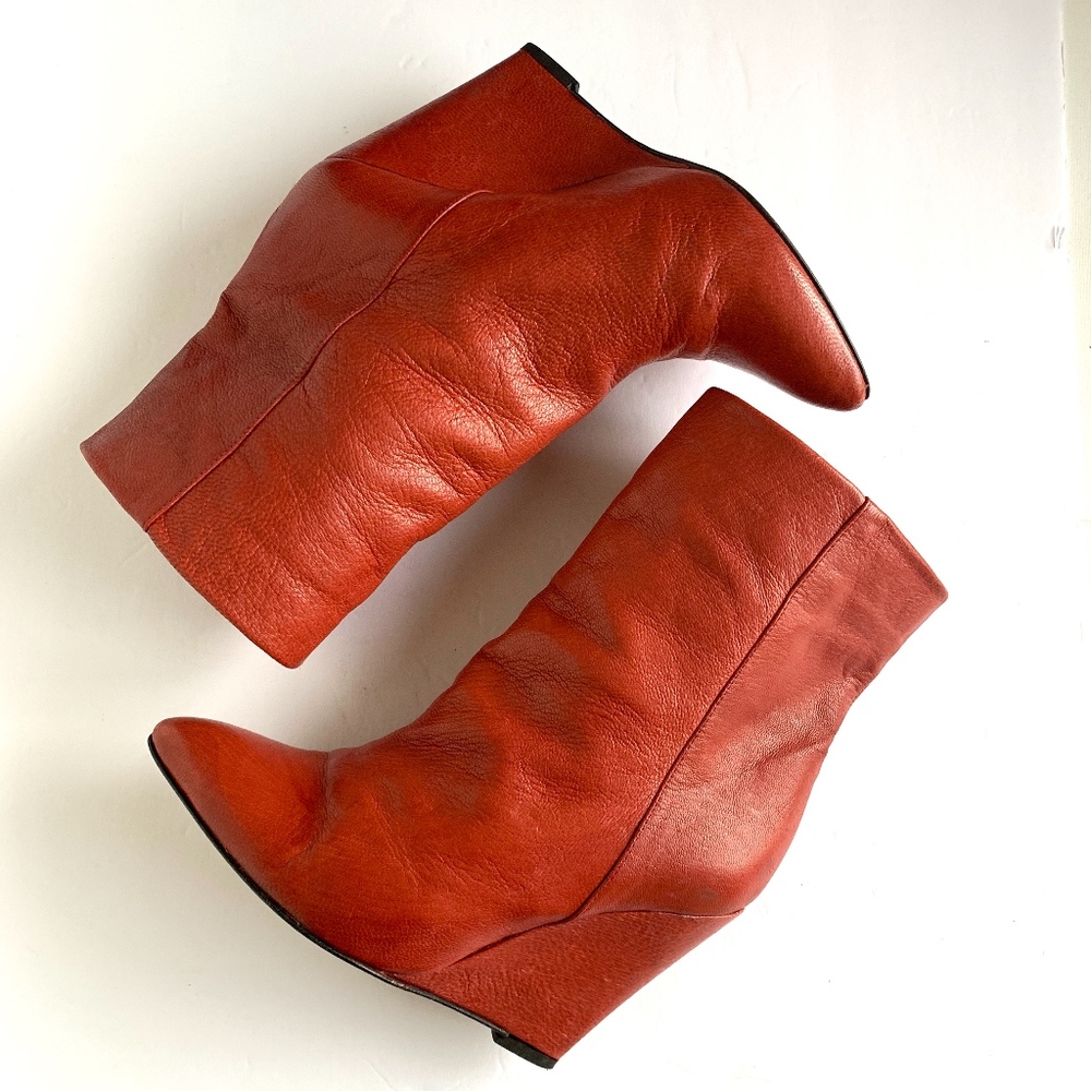 IRO Red Leather Round Toe Ankle Wedge Booties - 38 - Picture 4 of 7
